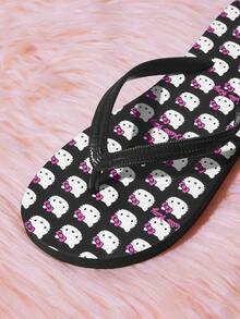 HELLO KITTY AND FRIENDS | SHEIN 女款聯名卡通印花夾腳拖鞋，圓頭軟底，甜美少女風，黑色印花，EVA材質，沙灘與休閒穿著涼鞋 - 黑色 - 查看 4