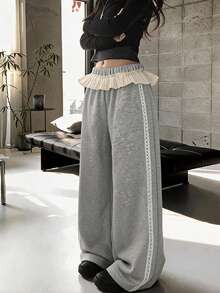DAZY Women's Korean Style Casual Fresh Girl Loose Long Pants With Ruffle Lace Cute Tops Everyday Beach Grey Autumn - Grey - View 1