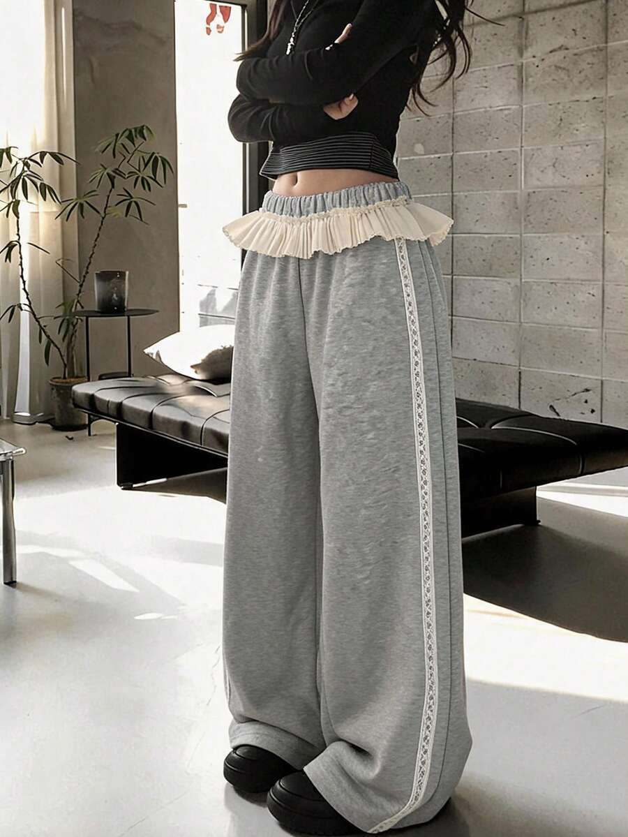 DAZY Women's Korean Style Casual Fresh Girl Loose Long Pants With Ruffle Lace Cute Tops Everyday Beach Grey Autumn - Grey - View 1