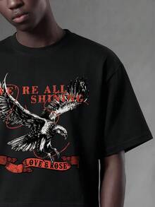 Salvezio American Vintage Western Raptor Falcon Fashion Print Men's Black Standard Size Cropped Loose Fit Short Sleeve T-Shirt - Black - View 5