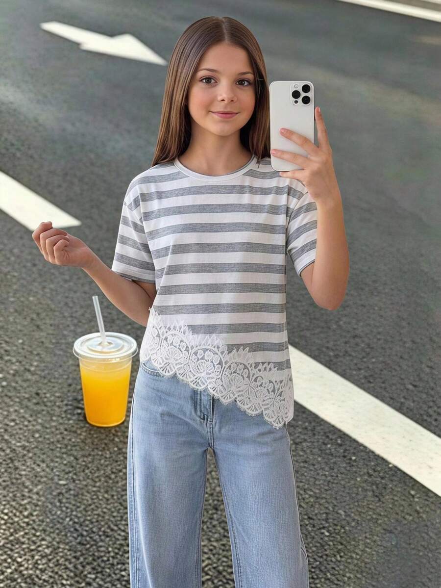 Elladie kids Tween Girl Striped Contrast Lace Asymmetrical Hem T-Shirt