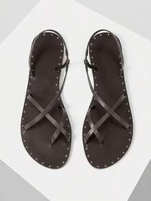 Mnmlis Thin Rivet Cover Toe Flat Sandals - Coffee Brown 2 - View 1