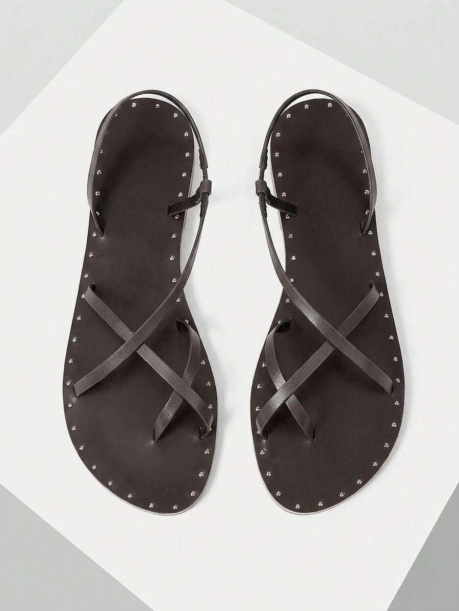 Mnmlis Thin Rivet Cover Toe Flat Sandals - Coffee Brown 2 - View 1