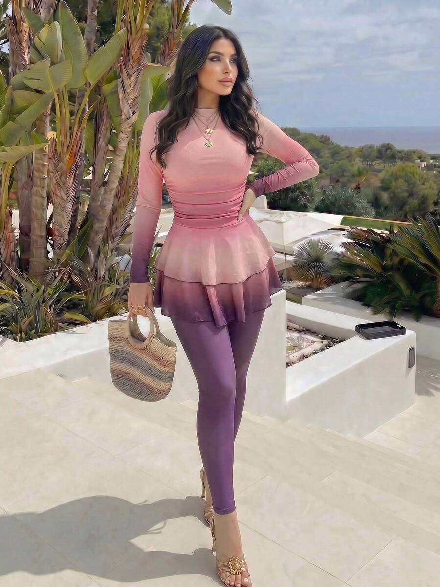 Swim Shayni Conjunto de dos piezas para mujer de verano, ropa casual de playa con estampado degradado púrpura y rosa, vestido bikini con cremallera y pantalones largos, conjunto de traje de baño elegante - Multicolor - Ver 1