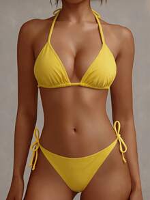 YARNWELL Women's Yellow Spaghetti Strap Two Pieces Swimwear Set - Yellow - View 2
