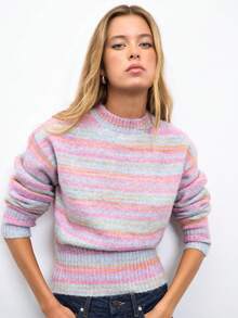 Nöista Multicolor Striped Knit Sweater With Ribbed Waist. Fall, Back To School And Everyday Style. - Pink - View 2