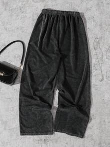 SHEIN 經典休閒長褲 春季/秋季 雙層腰頭 簡約舒適運動衫布料 適合居家、街頭、運動，可隨意搭配外套與上衣展現青春活力 - 灰色 - 查看 9