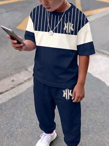 大童男孩休閒舒適時尚簡約圓領短袖T恤與長褲套裝，經典配色拼接條紋圖案印花，經典精緻Logo圖案印花，適合返校季 - 彩色 - 查看 3