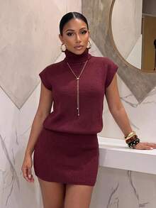 Slaydiva Burgundy Turtleneck Sleeveless Knit Women Bodycon Sweater Dress , Spicy Girl Matching Outfit Halloween Valentine Christmas New Year - Burgundy - View 3