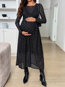 SHEIN 孕婦波點印花哺乳洋裝 秋季嬰兒洗禮派對 婚禮正式禮服 奢華晚宴上班穿搭 正式奢華外出時髦洋裝 - 藏蓝色 - 查看 8