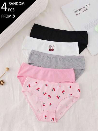 4pcs Celana Dalam Segitiga Lembut dan Nyaman untuk Remaja Perempuan Motif Ceri di Seluruh Permukaan, Manis, Imut, Hitam & Pink