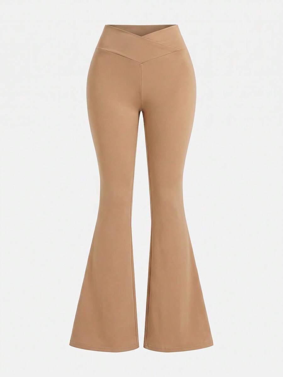 SHEIN Girlism Tween Girl Tween Girl Solid Color Asymmetric Waist Flare Leg Pants Casual Everyday Versatile - Khaki - View 1