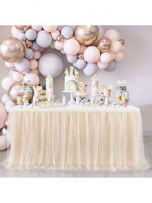 1-Piece Champagne-Colored Single-Layer Tulle Pleated Table Skirt, Suitable For Rectangular And Round Tables - The Perfect Choice For Birthday Parties, Weddings, Bridal Showers, Cake Table Decorations, And All Celebratory Occasions - Champagne - View 3
