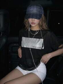 FRIFUL Women's Summer Solid Color Patchwork Sheer Mesh Loose Casual Versatile T-Shirt - Black - View 3