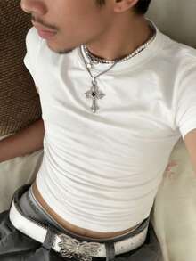 Manfinity Dauomo 男士休閒街頭風百搭純色修身T恤 白色 夏季度假夜店風 - 白色 - 查看 4