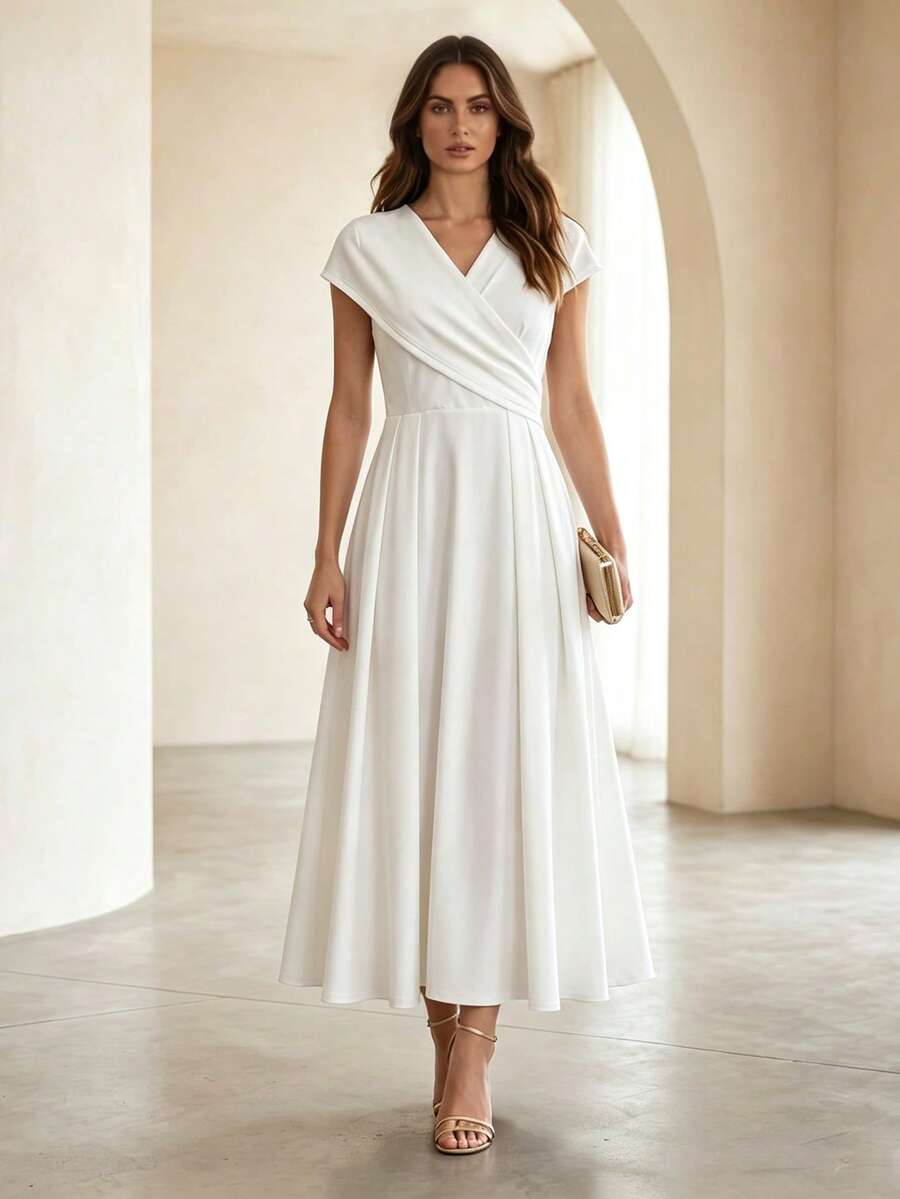 Balvessa Women's Solid Color V-Neck Pleated Casual Daily Summer Midi Dress - White - View 1