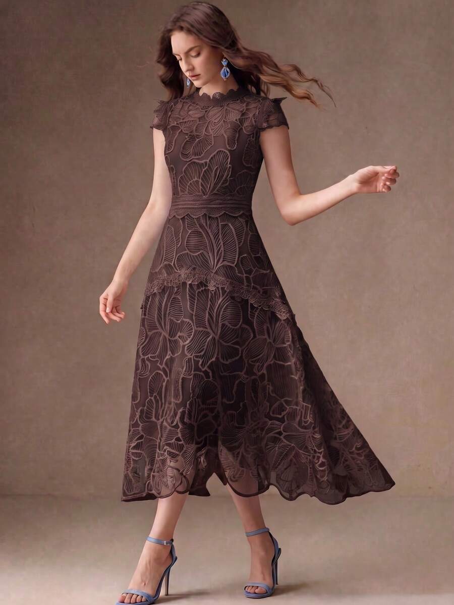 Anewsta Women's Elegant Lace Patchwork Dress - Brown - View 1