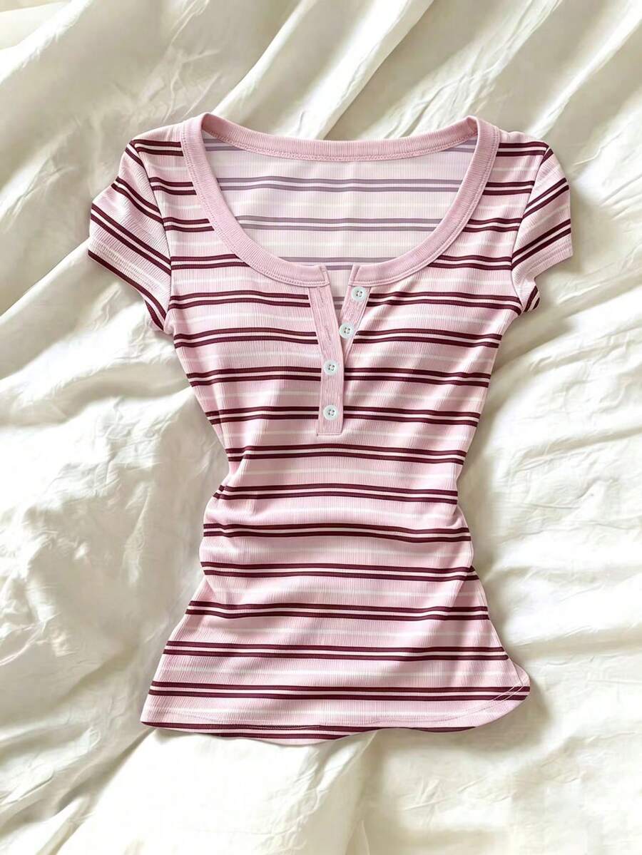 SHEIN 女童大童法式復古方領羅紋修身短袖T恤 - 粉色 - 查看 1