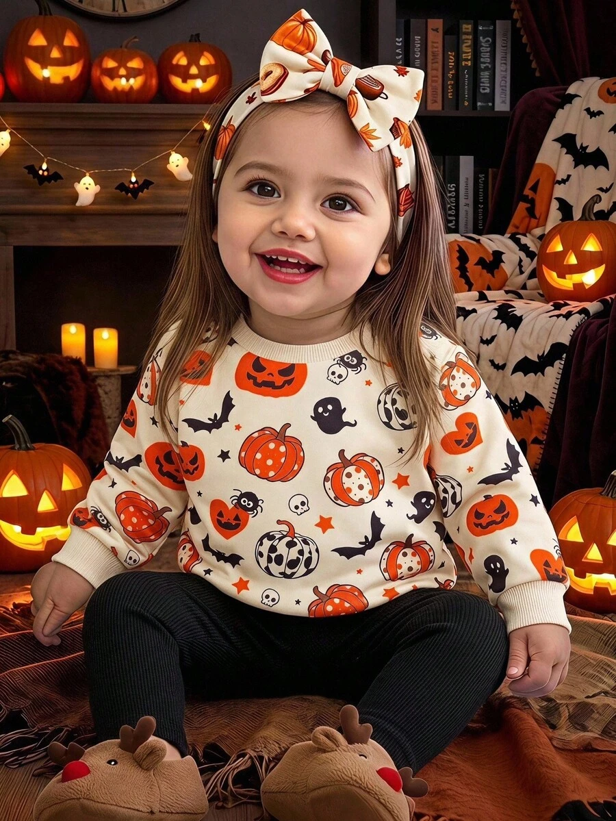 SHEIN Baby Girl Halloween Print Sweatshirt & Leggings Set - Multicolor - View 1