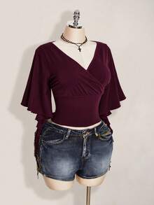 SHEIN ICON Plus Size Women Solid Color V-Neck Pleated Casual Versatile Daily Wear T-Shirt - Maroon - View 7