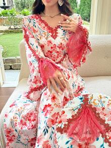 Al Najma V領蕾絲拼接橘色花卉印花阿拉伯風洋裝 - 彩色 - 查看 4