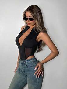 SHEIN ICON Y2k Women's Halloween Black Sexy Fashion Zipper Mesh Patchwork Bodysuit - Black - View 8
