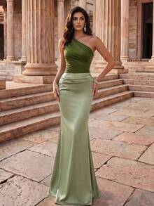 Coutiva Adult Elegant Bridesmaid Dress With Ruffle Asymmetric Hem - Olive Green - View 7