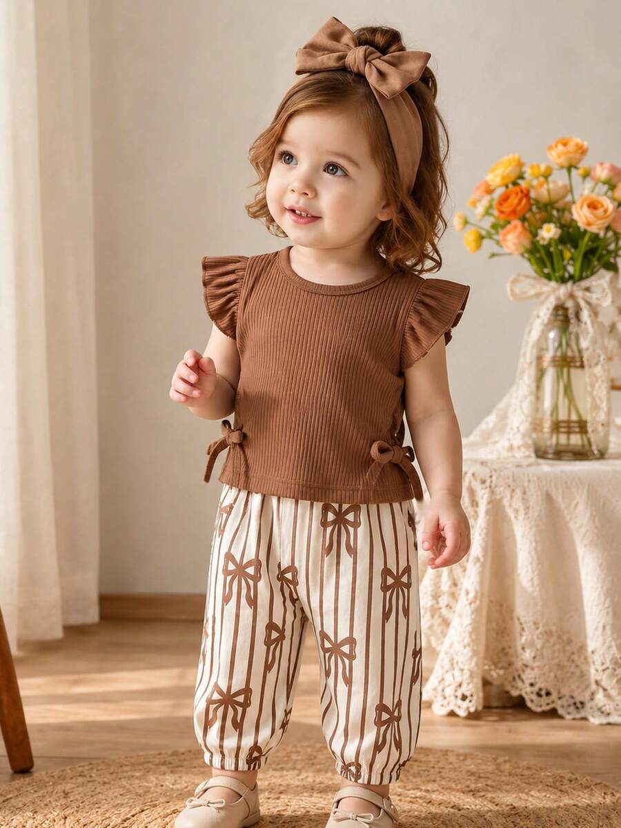 SHEIN Vintaside Kids 2件組女嬰針織羅紋布料短袖圓領T恤與配套蝴蝶結條紋鬆緊腰收口長褲套裝,適合春夏,蝴蝶結,休閒派對度假穿著,田園風 - 彩色 - 查看 1