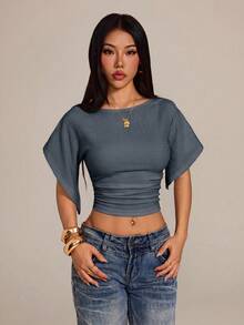 SHEIN PETITE 杏色針織蝙蝠袖短袖短版女款T恤 - 灰色 - 查看 3