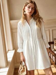 Écloséra Tall Women's French Style Versatile Lace Patchwork Single-Breasted Dress - White - View 1