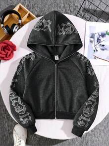 SHEIN 青少年女孩文字印花拉鍊連帽衛衣，秋冬長袖上衣，畢業穿搭，開學穿搭 - 灰色 - 查看 8