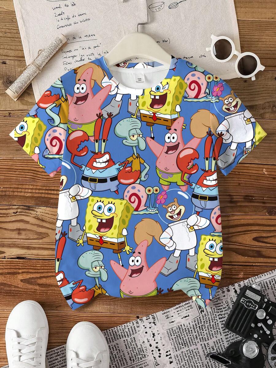 SpongeBob SquarePants | SHEIN 青少年男孩卡通印花圓領休閒短袖T恤 - 白色 - 查看 1