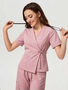 TaskEZ Women's Light Pink Cross Collar Tie Short Sleeve Flared Pants Scrub Uniform Set, Gentle Elegant Practical Scrub - Pink - View 1