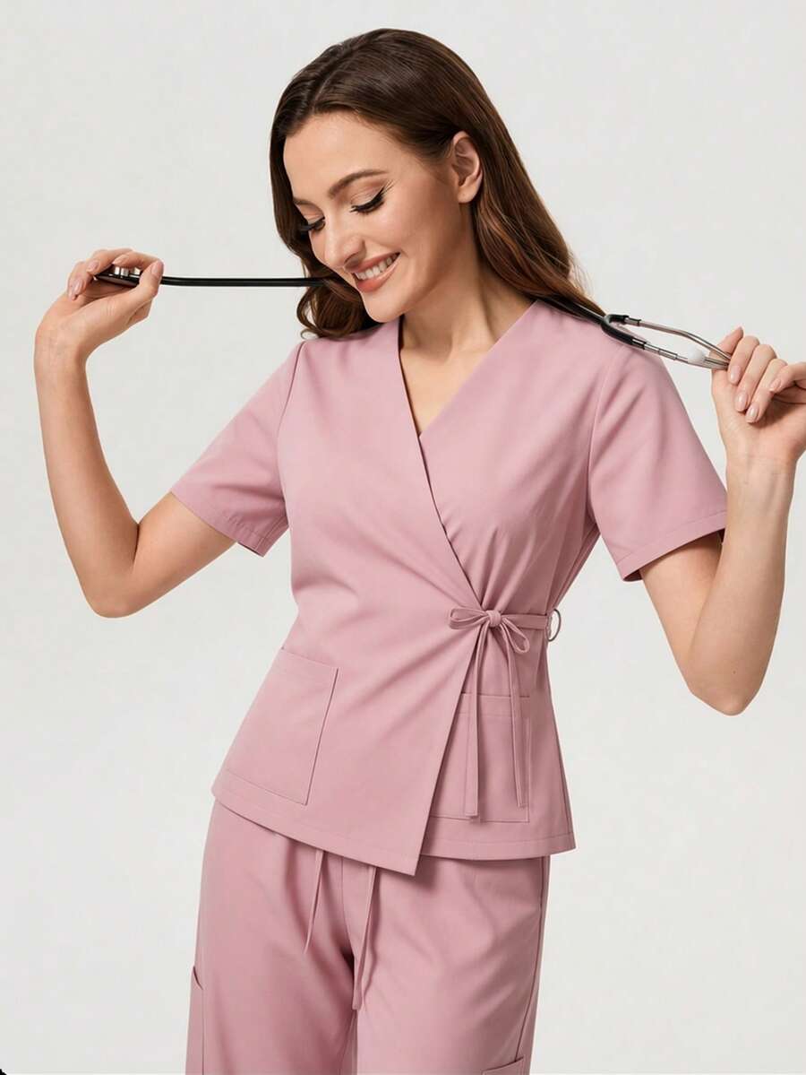 TaskEZ Women's Light Pink Cross Collar Tie Short Sleeve Flared Pants Scrub Uniform Set, Gentle Elegant Practical Scrub - Pink - View 1