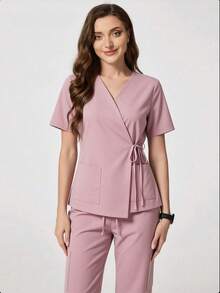 TaskEZ Women's Light Pink Cross Collar Tie Short Sleeve Flared Pants Scrub Uniform Set, Gentle Elegant Practical Scrub - Pink - View 7