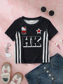 HELLO KITTY AND FRIENDS | SHEIN Young Girl Letter Cartoon Print Casual Daily Short Sleeve T-Shirt - Black - View 1
