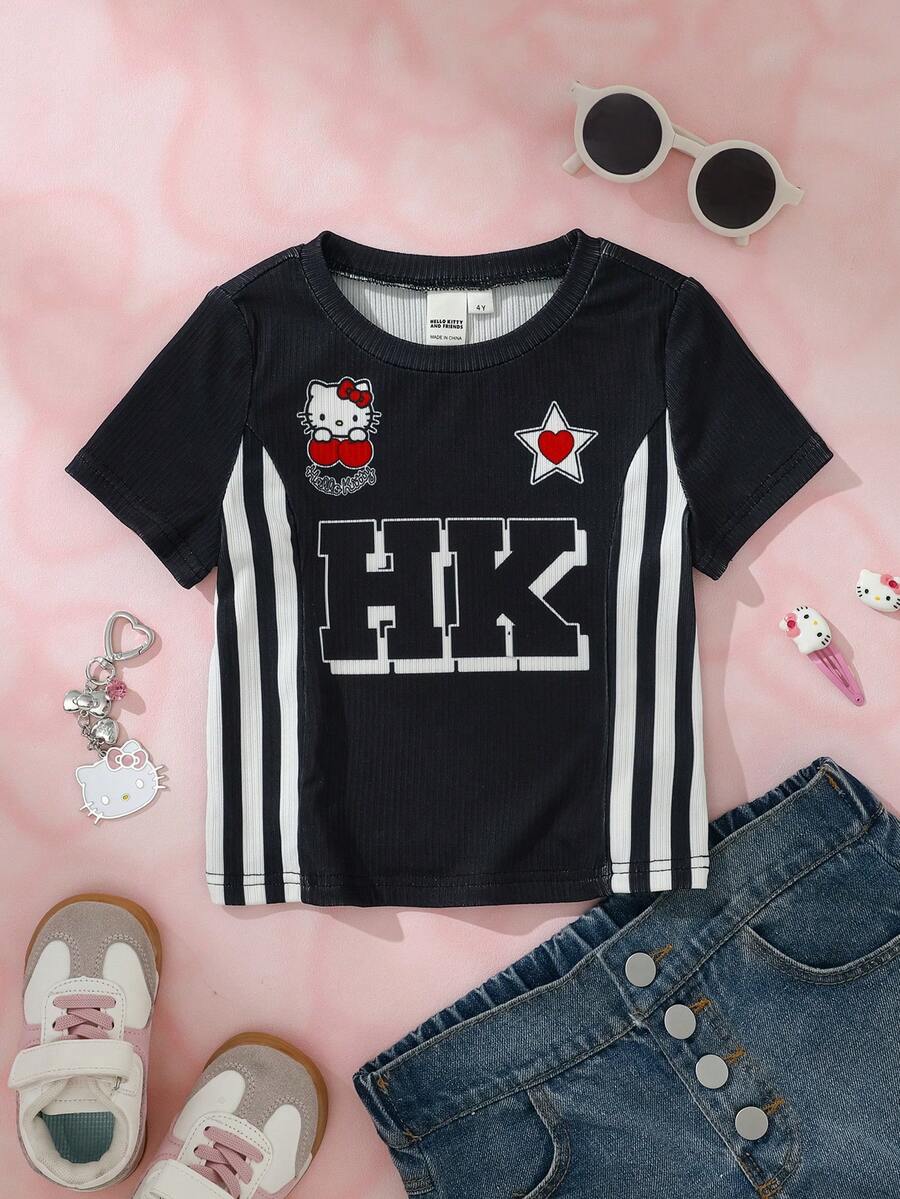 HELLO KITTY AND FRIENDS | SHEIN Young Girl Letter Cartoon Print Casual Daily Short Sleeve T-Shirt - Black - View 1