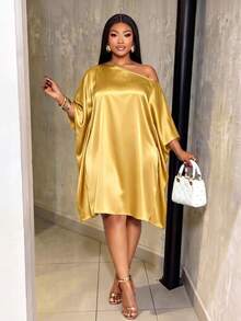 SOLERSUN Plus Size Solid Color Satin Asymmetrical Shoulder Loose Fit Dress For Dating And Vacation - Gold - View 1