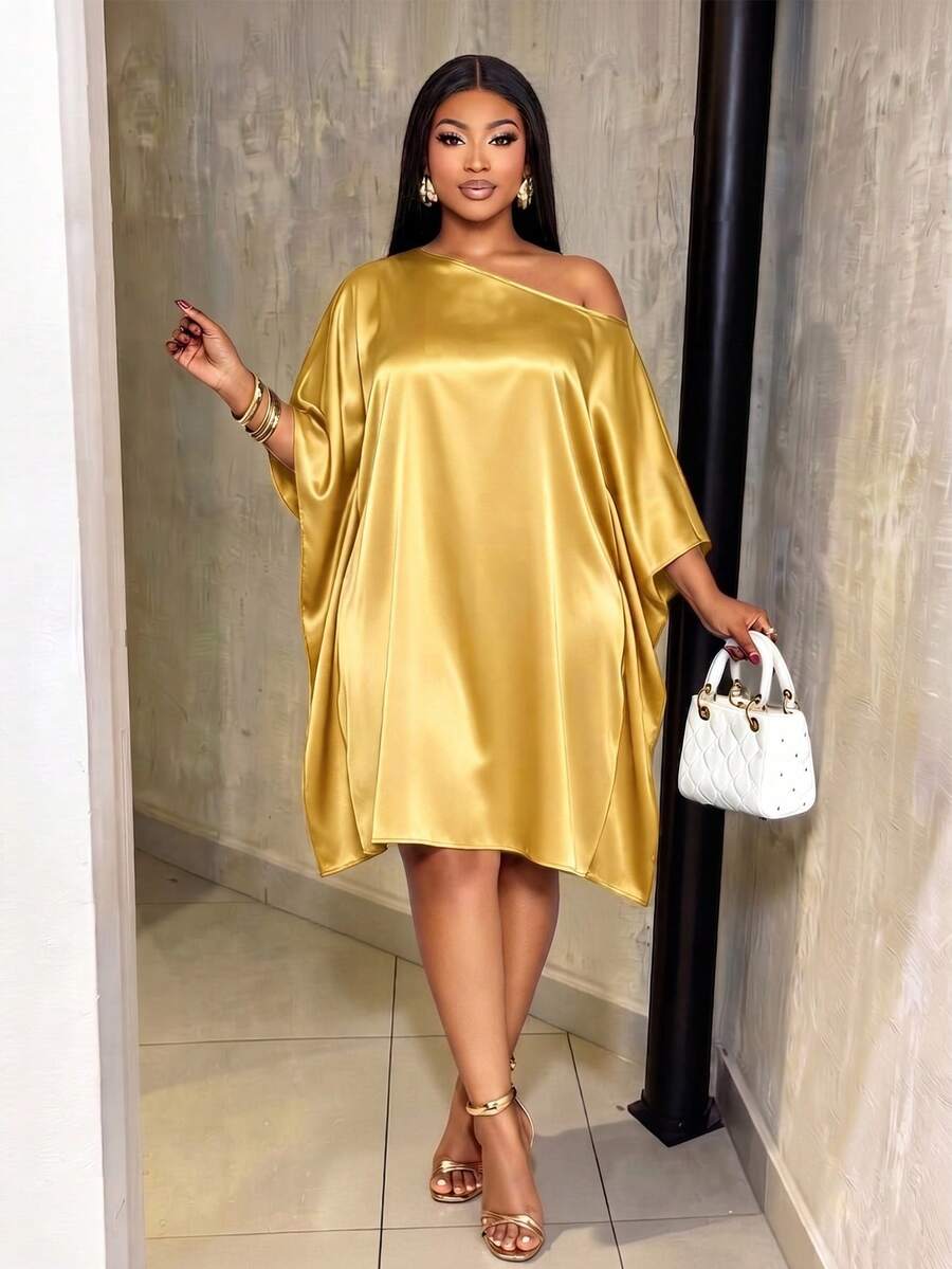 SOLERSUN Plus Size Solid Color Satin Asymmetrical Shoulder Loose Fit Dress For Dating And Vacation - Gold - View 1