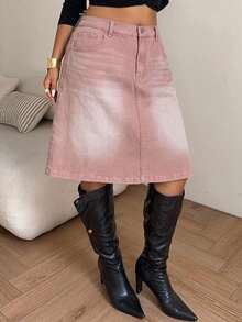 Dazy Plus Regular Mid-Waist A-Line 5-Point Denim Skirt, Casual Elegant Denim Skirt, Plus Size Women Spring Summer Brunch Formal Light Pink Birthday - Pink - View 5