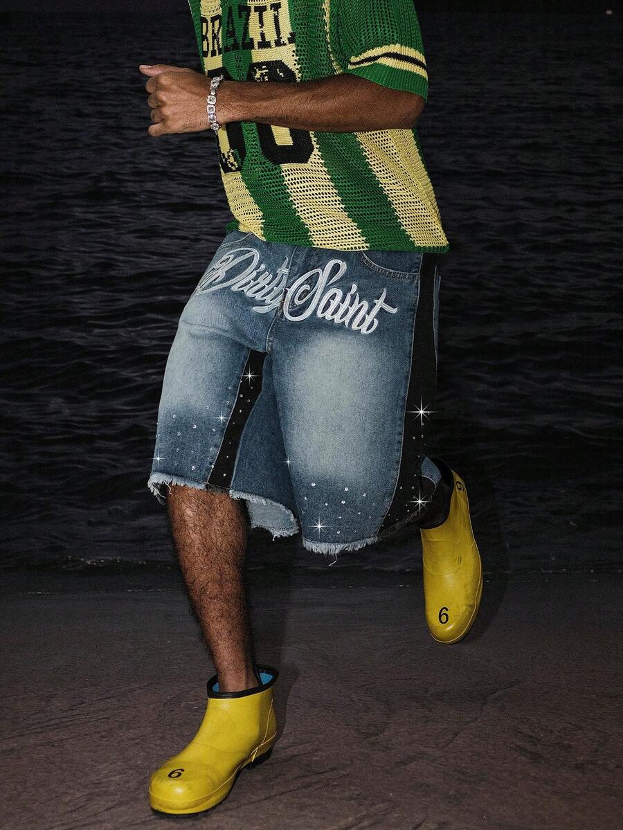 STEELVANCE 男士拼色拼接字母刺繡水鑽裝飾牛仔短褲 - 淺色水洗藍 - 查看 1