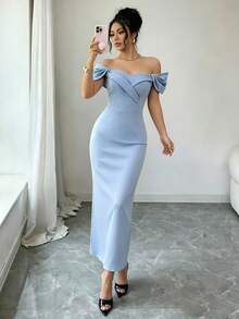 Elenzga 春夏浅蓝色露肩不对称设计收腰修身连衣裙，优雅的办公及度假装，无袖 - 藍色 - 查看 5