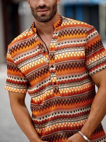 Manfinity CasualCool Men's Plus Size Japanese Vintage Colorblock Wavy Striped Shirt - Multicolor - View 4