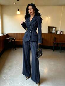 Elenzga 春季新款藍色條紋優雅通勤風收腰喇叭褲裝飾扣設計壓褶女裝兩件套 - 藍色 - 查看 11