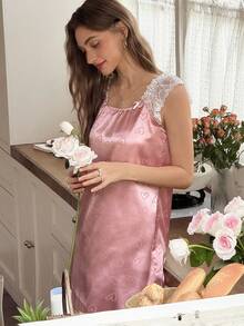 LuxeNights Women's Satin Full Print Heart Patchwork Lace Nightgown - Dusty Pink - View 4