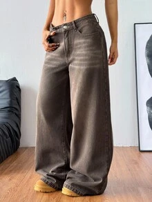 SHEIN CURVE+ 大尺碼女款口袋寬腳鬆身休閒百搭牛仔長褲 - 棕色 - 查看 3
