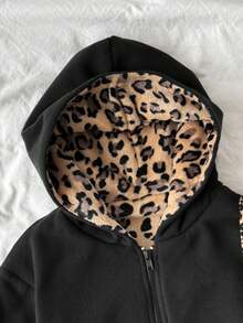 SHEIN 青少年女孩秋冬新款休閒黑色拼接豹紋可正反穿鬆款連帽學院風夾克外套 - 黑色 - 查看 3