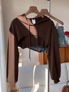 SHEIN EZwear 抽繩細節超短版休閒衛衣－黑白配色，長袖上衣，秋冬巧克力棕色衛衣 - 巧克力棕 - 查看 5