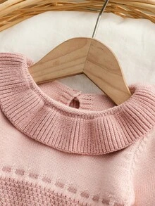 SHEIN 女嬰軟針織兩件套套裝，荷葉領毛衣與長褲，舒適彈性，甜美公主風，適合嬰兒，秋冬穿著 - 粉色 - 查看 5