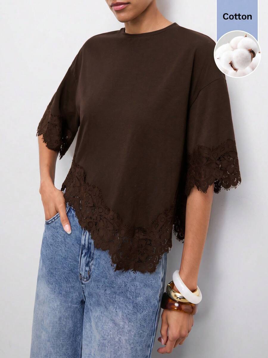Maija Women's Solid Color Lace Patchwork Asymmetrical Hem T-Shirt - Brown - View 1